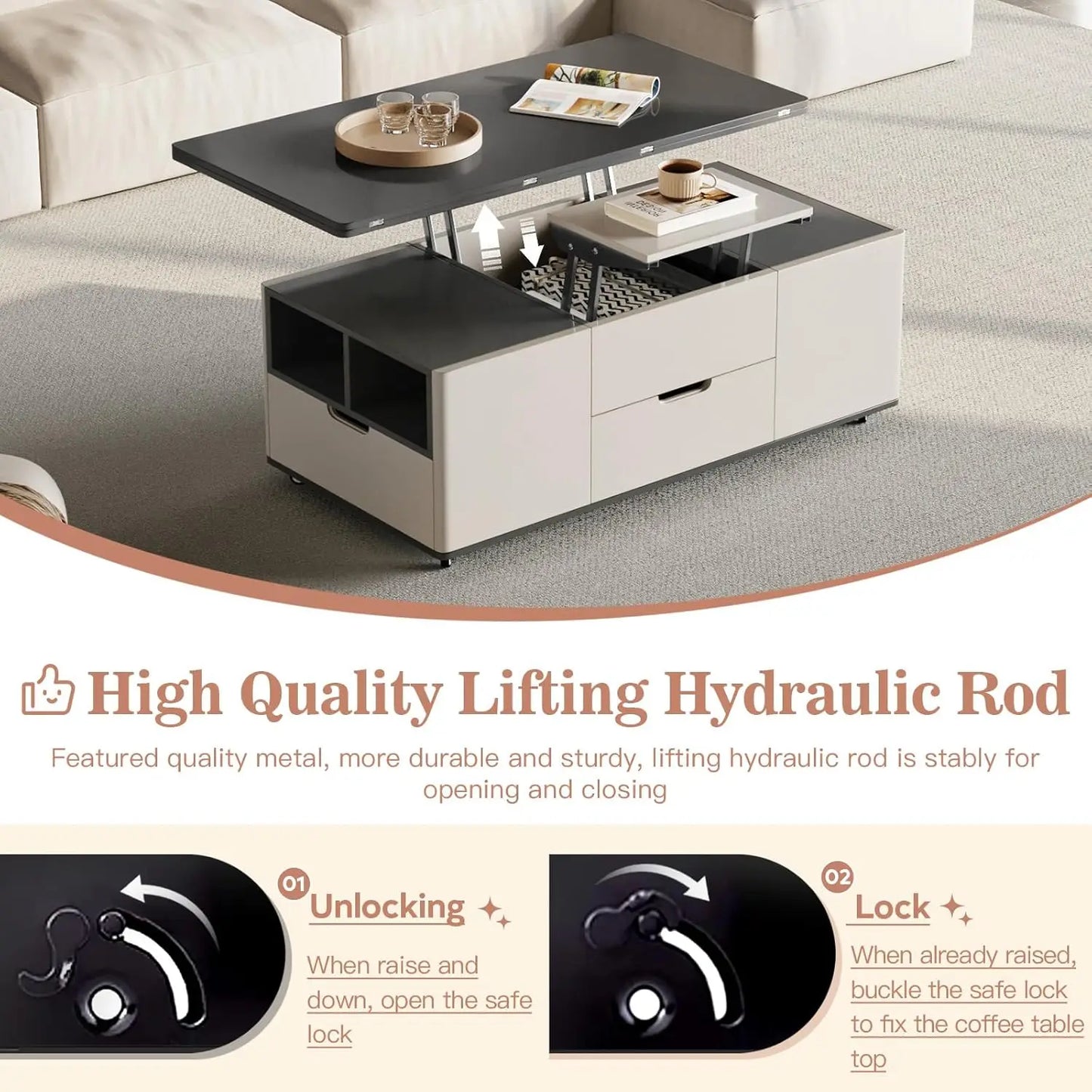 Lift Top Coffee Table with Stool Rectangle Modern Storage Living Room