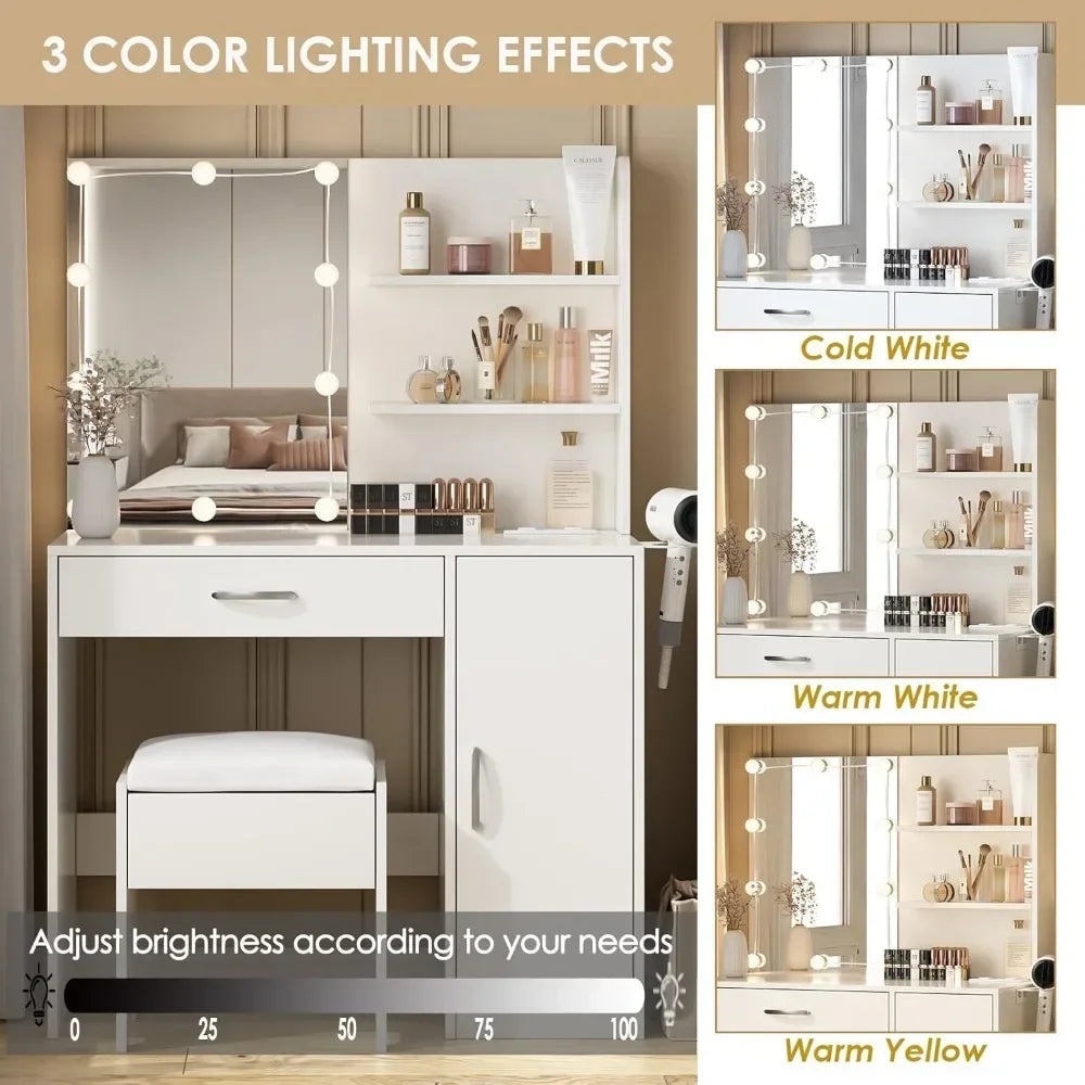 Makeup Vanity Desk with Lighted Mirror Power Strip 3 Lighting Modes Storage