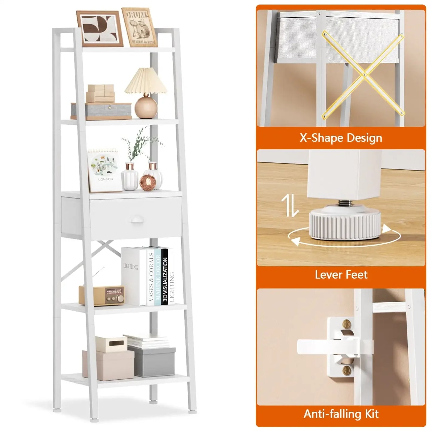 5-Tier Ladder Bookshelf Narrow Bookcase with Removable Drawers Living Room