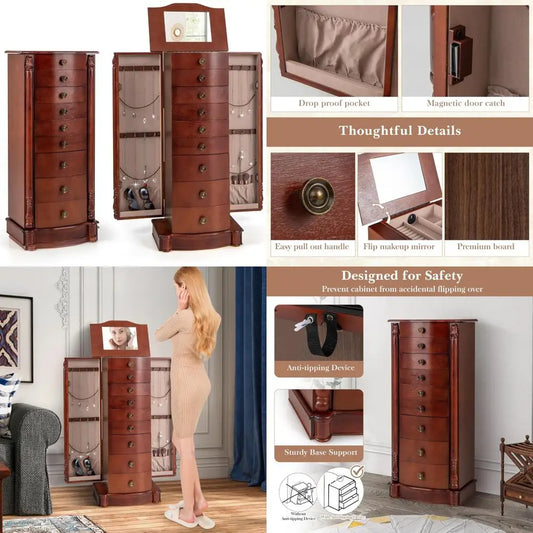 Jewelry Storage Cabinet with Flip Mirror 8 Drawers Side Doors Organizer