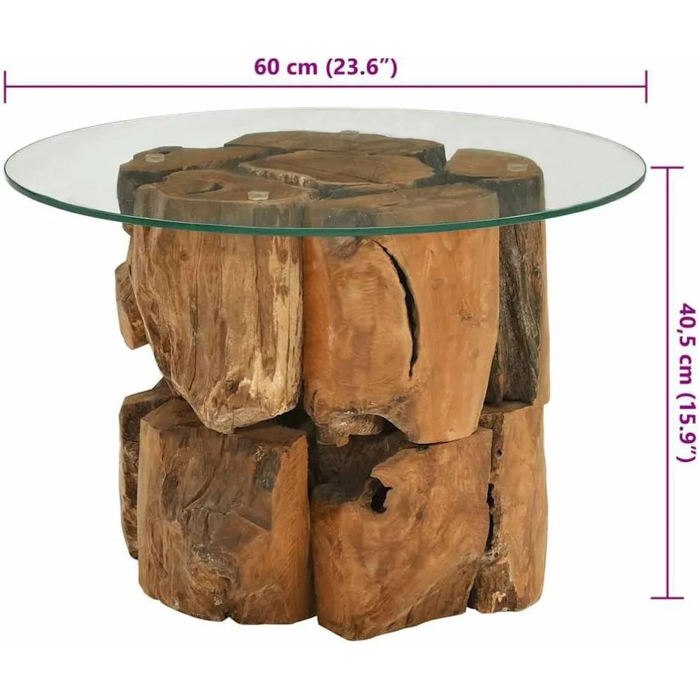 Coffee Table Teak Driftwood Base Round Glass Top Handmade Modern Design