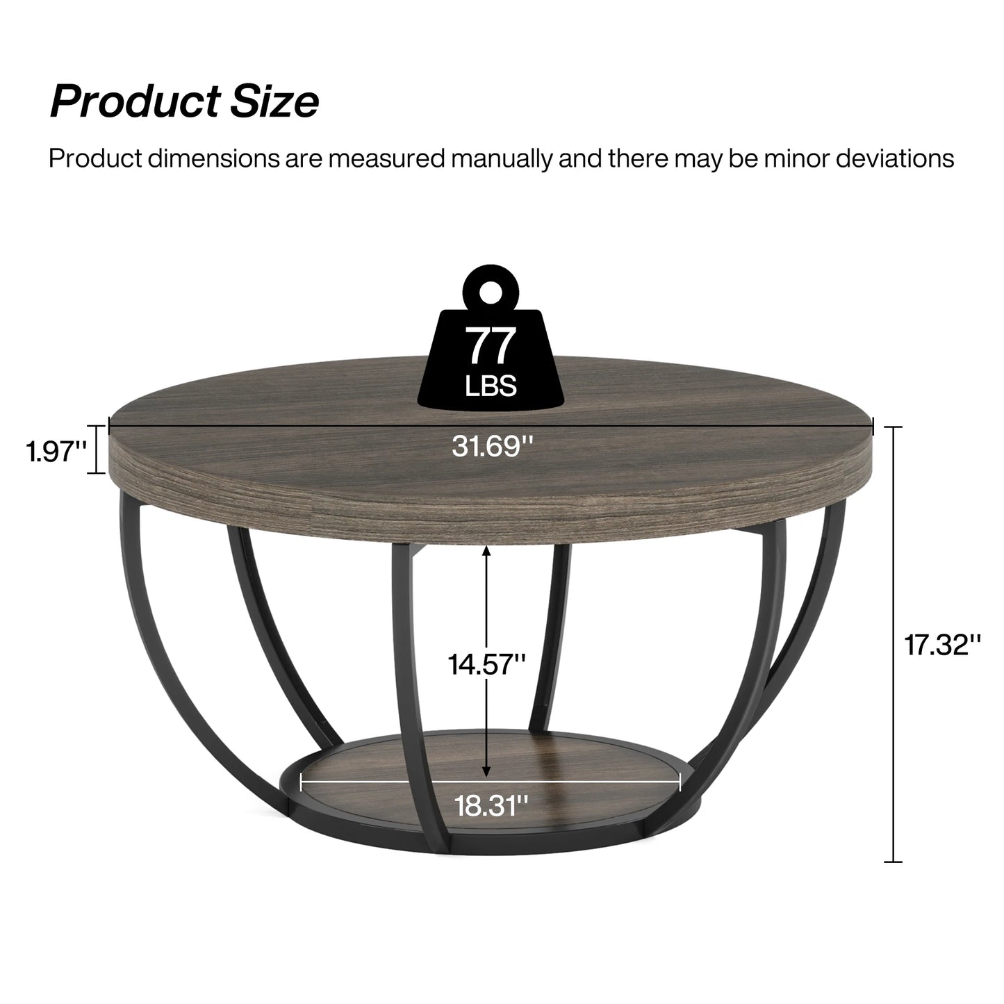 Ljustra Modern Round Coffee Table 31.7 Inch Industrial Design