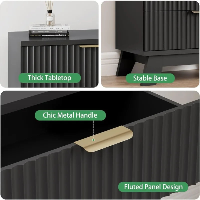 Fluted Nightstand 24 Inch Wide Side Table 3 Drawer Mid Century Modern Black