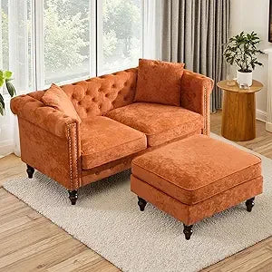 Classic Chesterfield Tufted Linen Loveseat Sofa with Gourd Legs