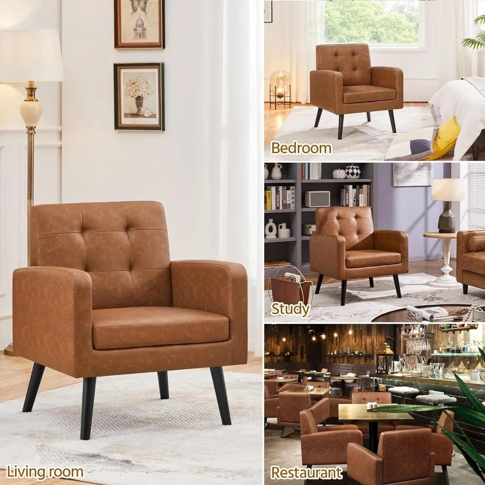 Mid-Century Accent Chair PU Leather Upholstered Living Room Armchair
