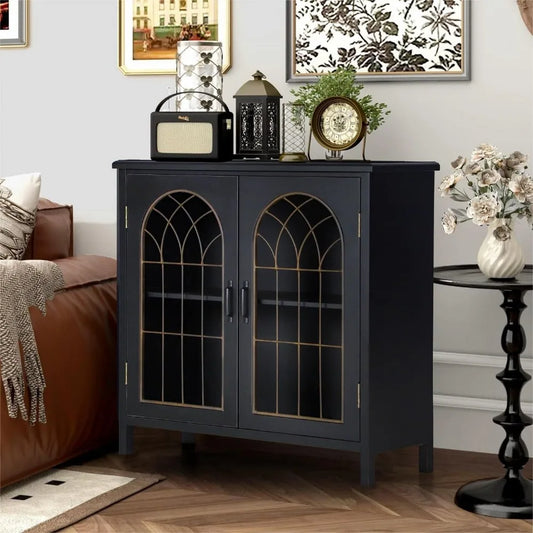 Accent Storage Cabinet Distressed Buffet Sideboard Metal Window Doors