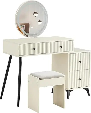 Fluted Makeup Vanity Desk with LED Mirror Adjustable Lights Modern