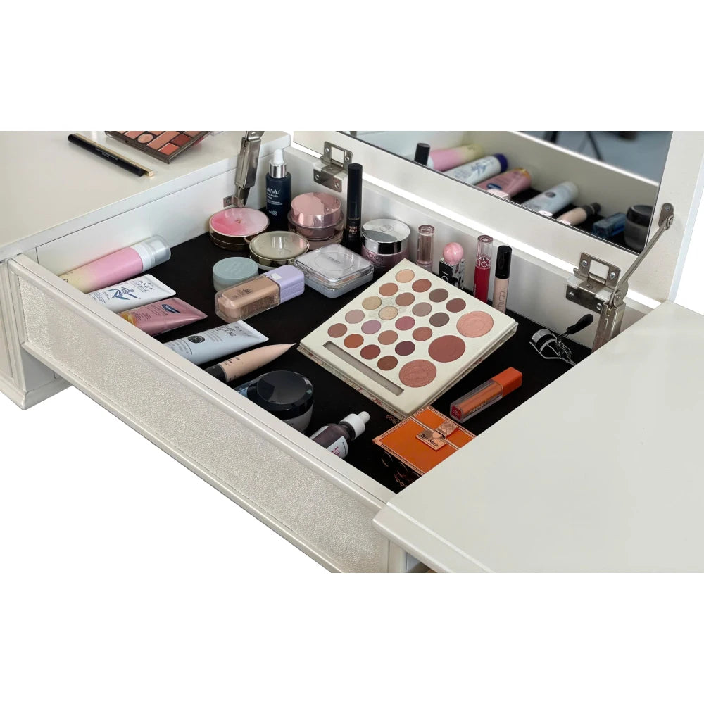 Luxury Mirrored Vanity Desk Set with Stool and Drawer Storage for Bedroom