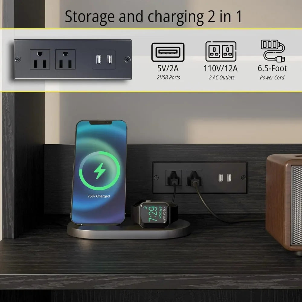 55 Inch Tall Nightstand End Table with Charging Station and Storage