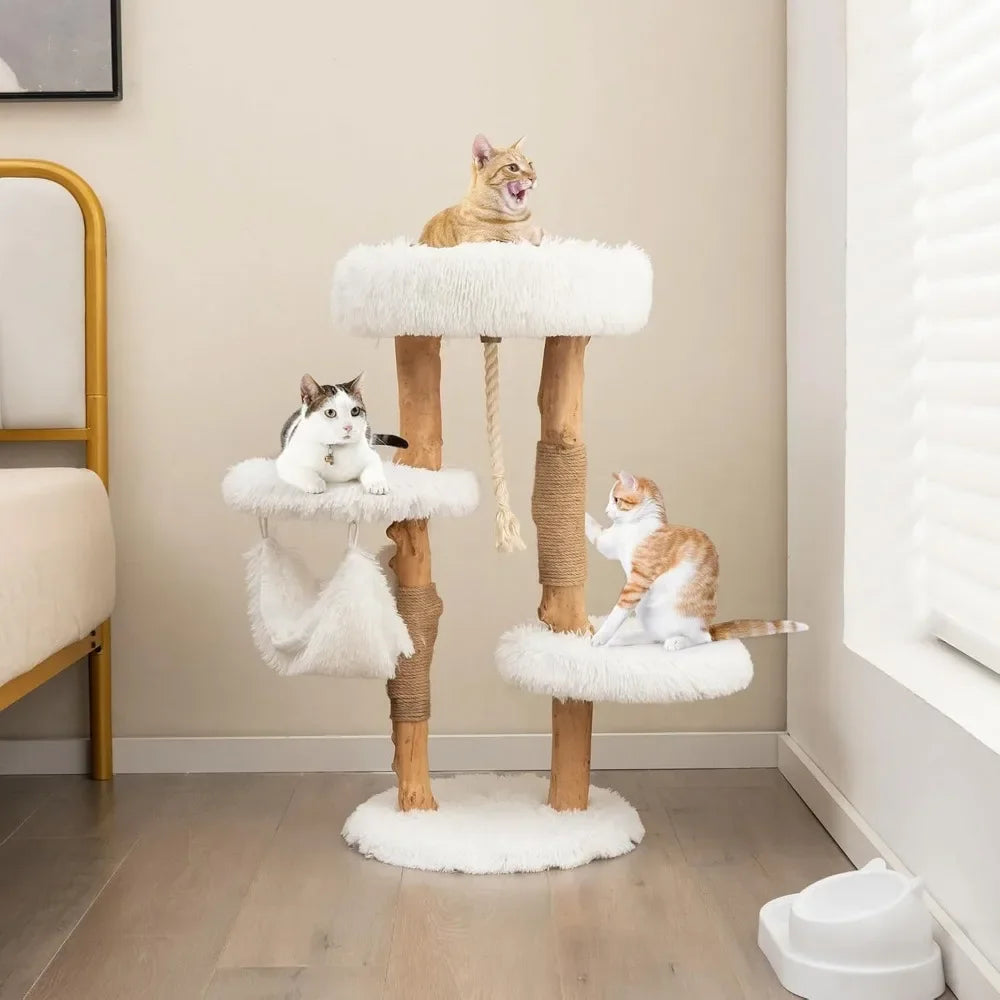 Cat Tree Indoor Solid Wood Modern Cat Tower with Hammock and Perch