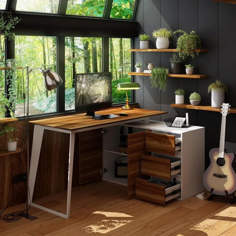 L-Shaped Home Office Desk with Storage 3 Drawers 2 Shelves Modern Design