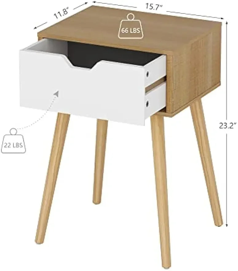 Modern Wood Nightstand Set of 2 Bedside Table with Drawer for Bedroom