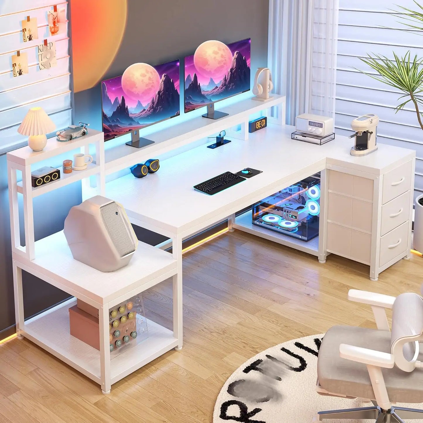 L Shaped Gaming Desk with LED Lights and 3 Drawers Reversible Workstation