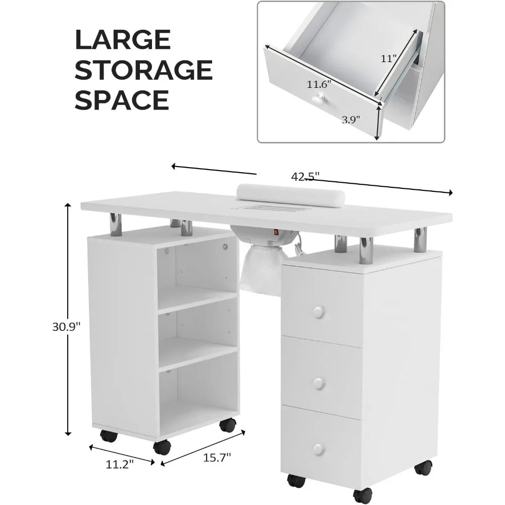 Manicure Table Nail Desk with Electric Downdraft Vent Lockable Wheels