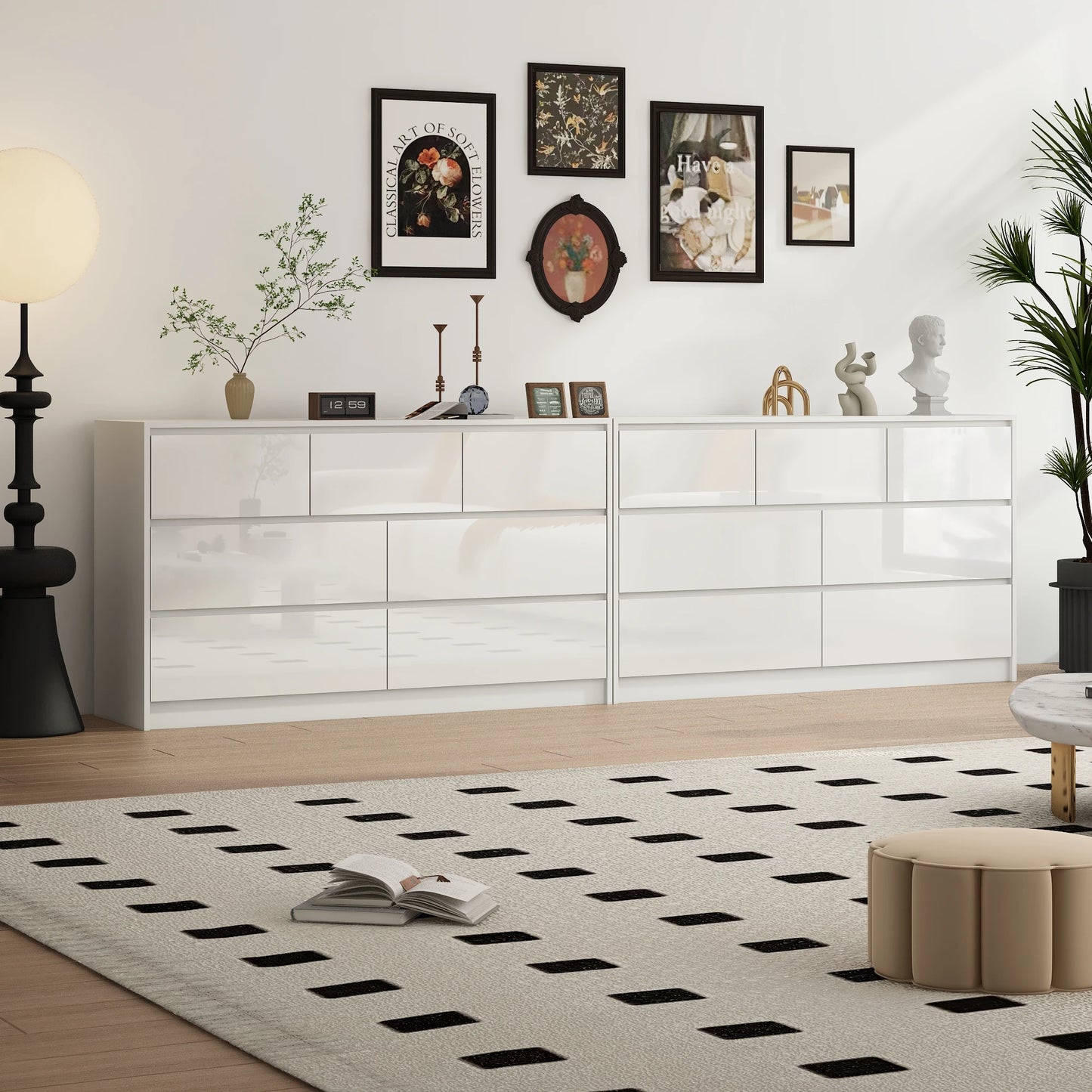 Modern 7 Drawer Dresser Spacious Storage High Gloss Bedroom Furniture
