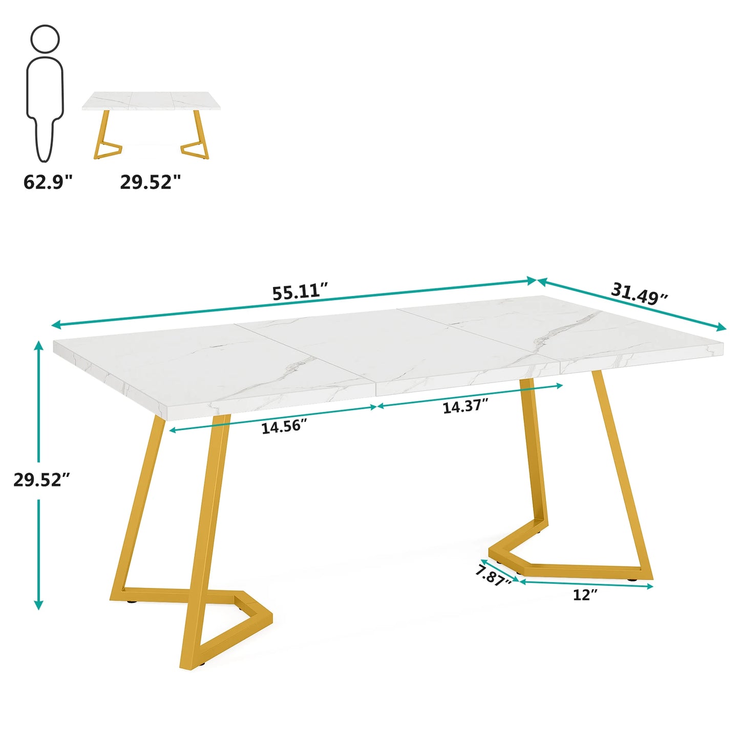 Ljustra 63 Inch Dining Table Rectangular Kitchen Faux Marble Modern Design