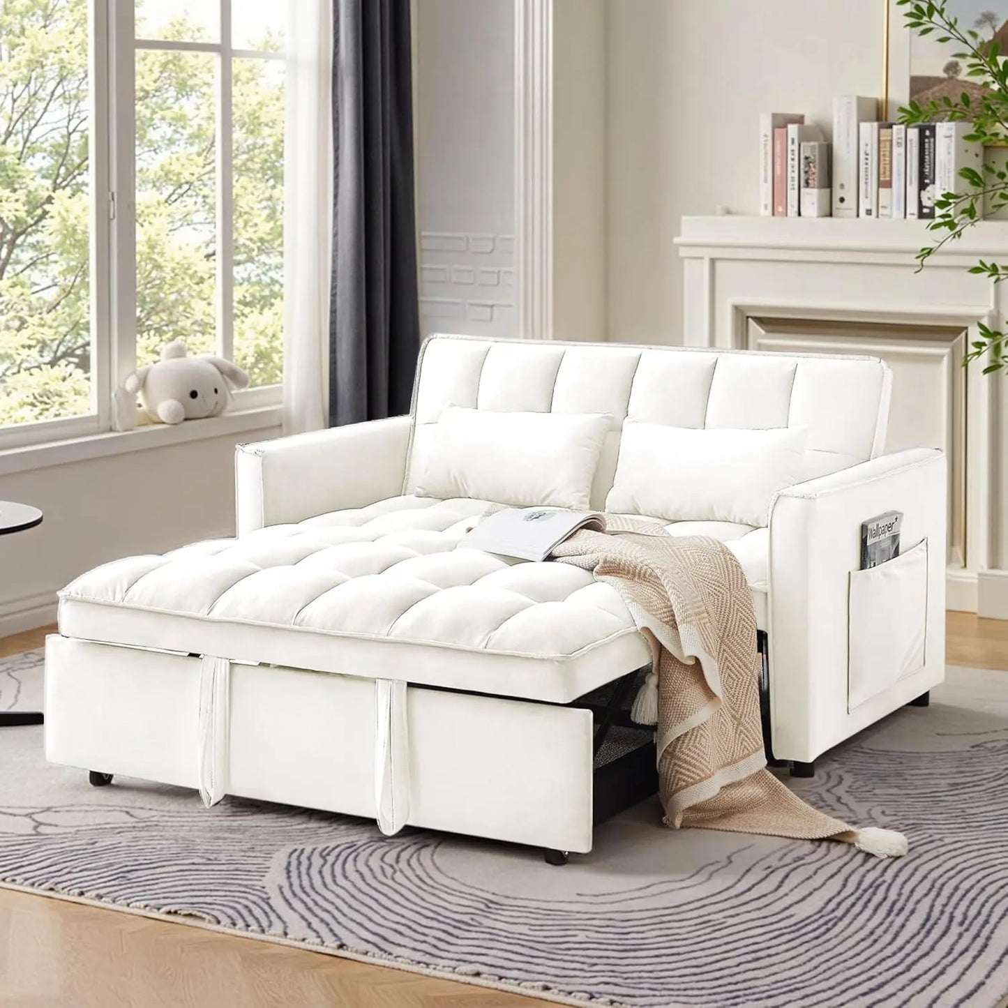 Sleeper Sofa Bed 55 Inch Convertible Loveseat Couch with Side Pockets