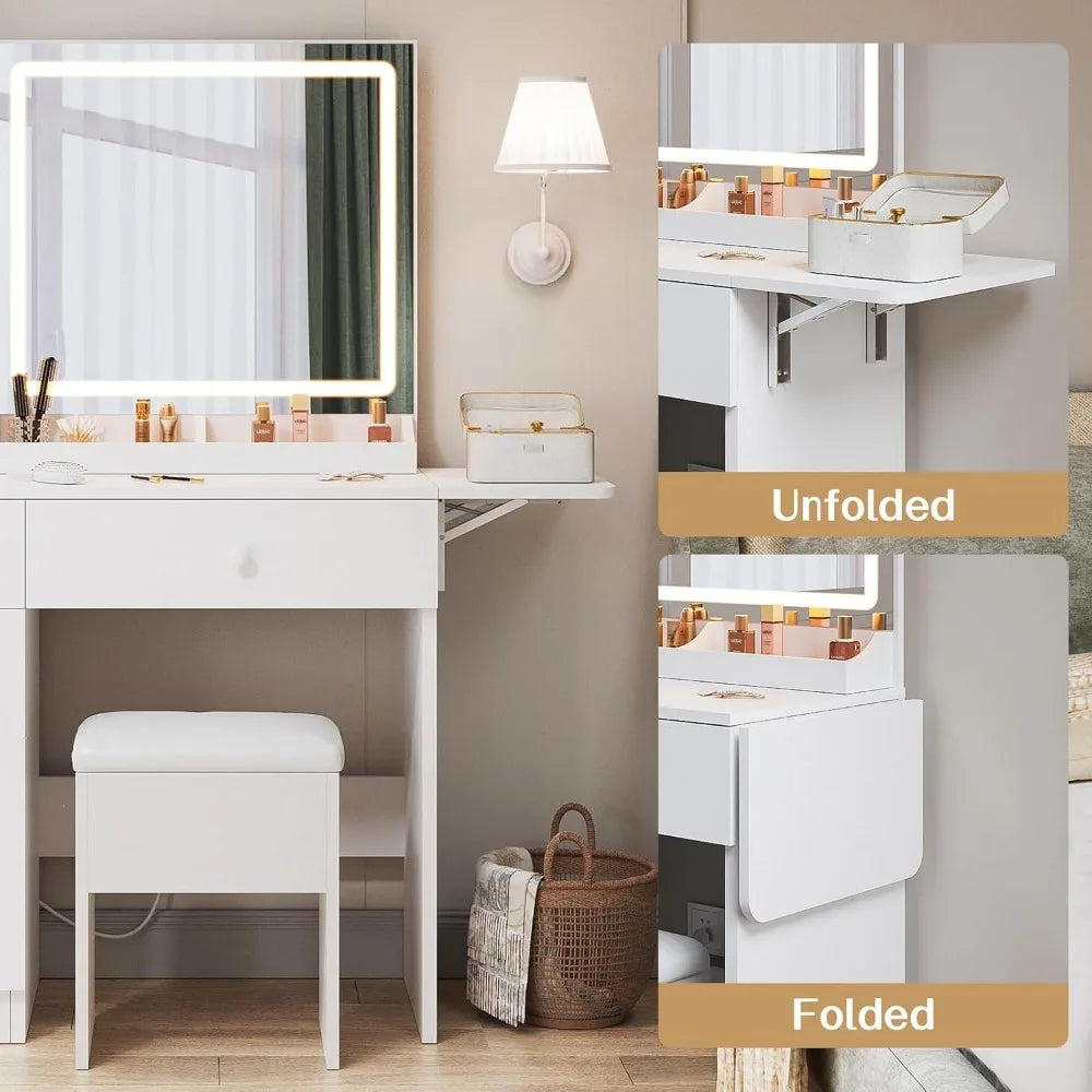 Makeup Vanity Desk with Mirror LED Lights Charging Station White