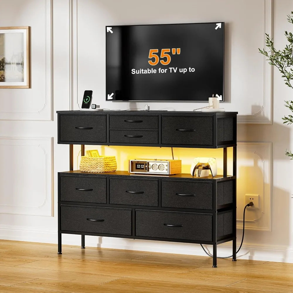 Dresser TV Stand with Charging Station LED Lights 55 Inch 9 Drawers