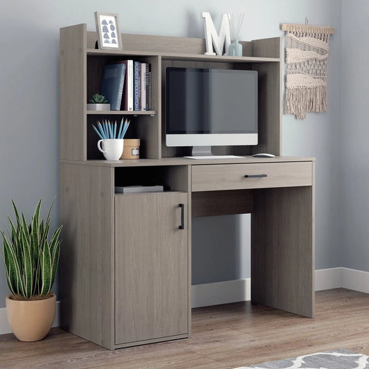 Stylish Silver Sycamore Computer Desk with Hutch and Drawer