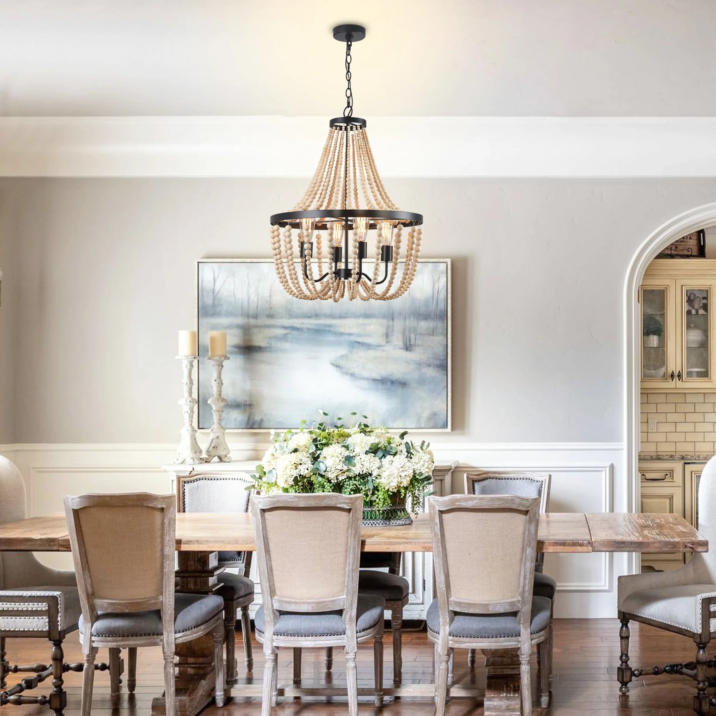 Modern Boho Wood Bead Chandelier Dimmable High Ceilings Bedroom Hall