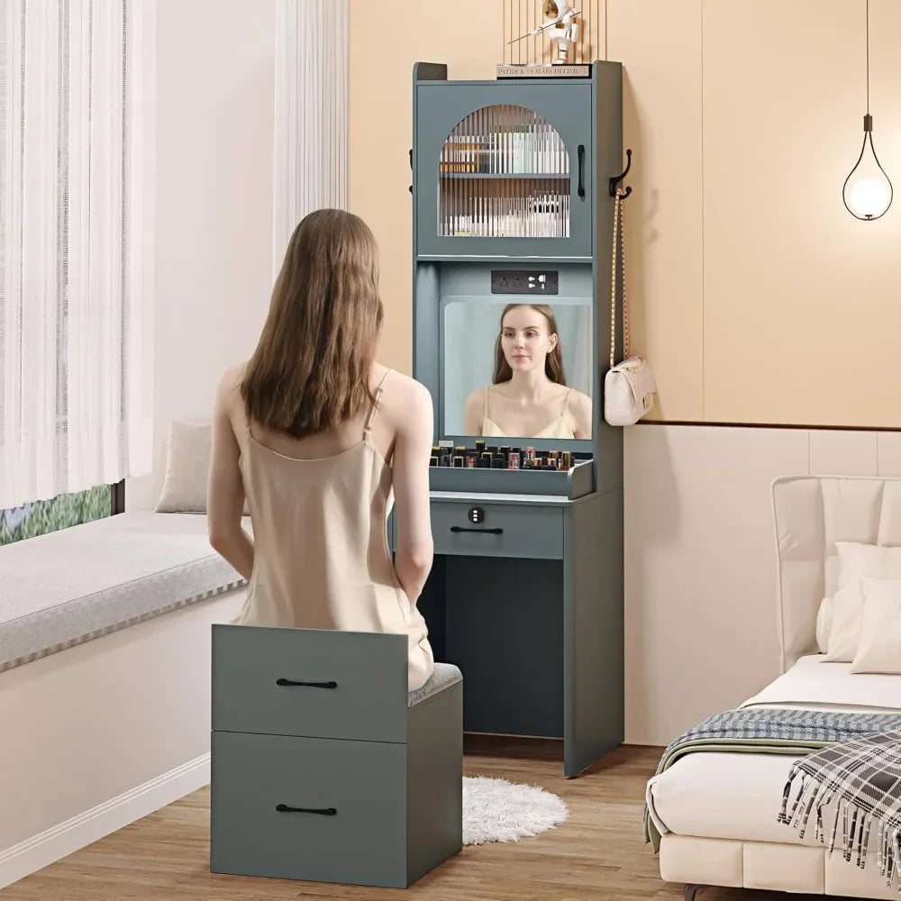 Small Vanity Desk with Mirror and LED Lights Compact Makeup Table