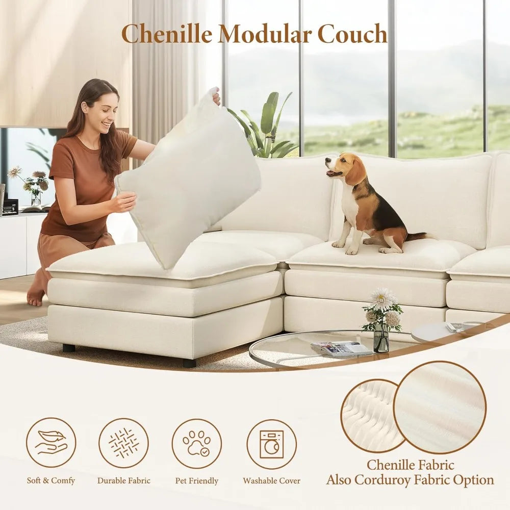 Ljustra 108" Modular Sectional Sofa, Comfy Chenille Cloud Couch, L-Shaped, Beige