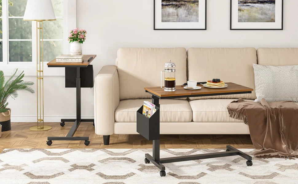 Tribesigns Height Adjustable C Shaped End Table with Wheels and Pocket