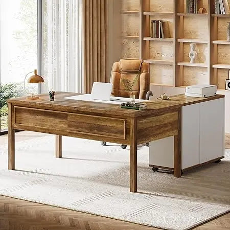 L-Shaped Executive Desk with File Cabinet Home Office Computer Desk