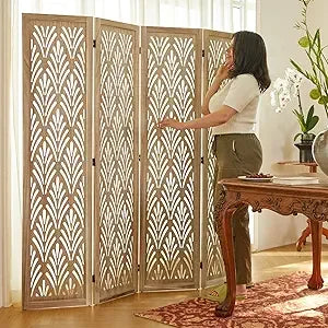 5.6Ft Folding Wood Room Divider 4 Panels Home Office Garden Screen