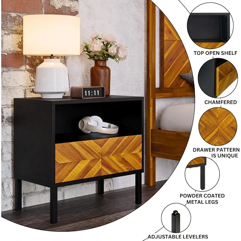 Vivian Solid Wood Nightstand Herringbone Pattern Rustic Bedroom Furniture