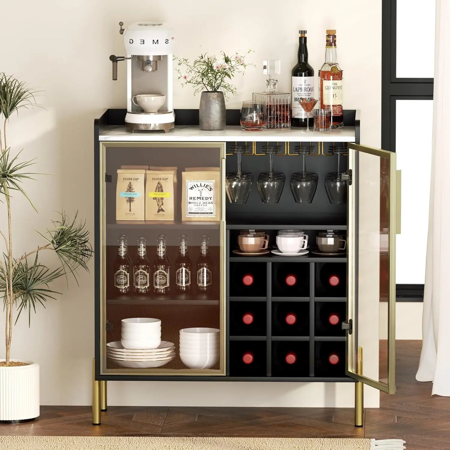 Ljustra Coffee Bar Cabinet Glass Door White Wine Liquor Storage Buffet