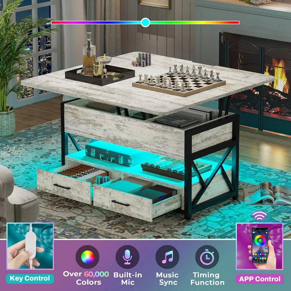 40 Inch Lift Top Coffee Table with Storage LED Light and Drawers