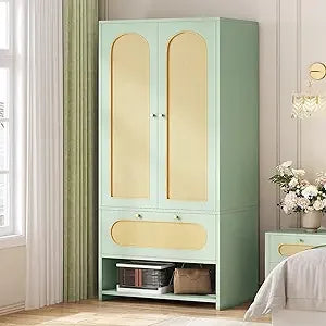 Rattan Wardrobe Closet 70 Inch Tall Large Armoire Storage Cabinet