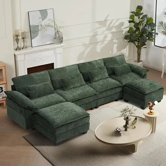 U-Shaped Modular Sectional Sofa with USB – Cloud Chenille Fabric Couch w/ Removable Covers