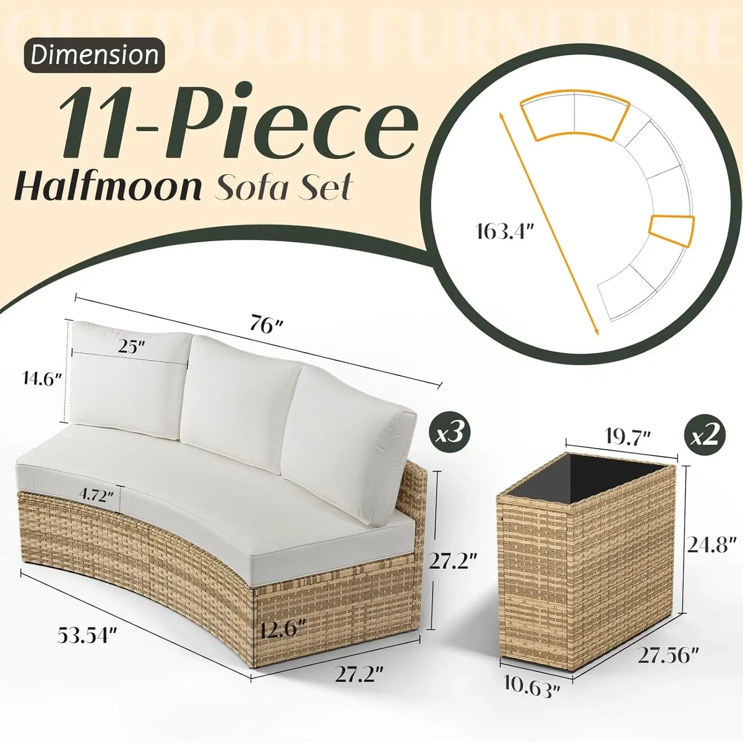 11 Piece Half-Moon Sectional Patio Conversation Set with Storage Table