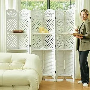 Folding Wood Room Divider with Shelves for Home Office and Study