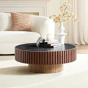 Modern Round Coffee Table Solid Wood Grey 31.5 Inch for Living Room