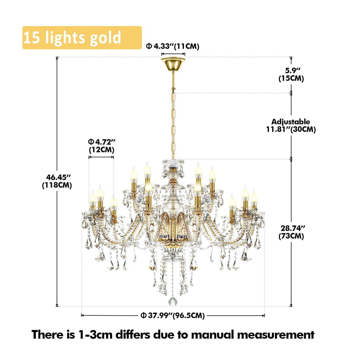 15 Arms Crystal Chandelier Pendant Light Modern K9 for Living Room
