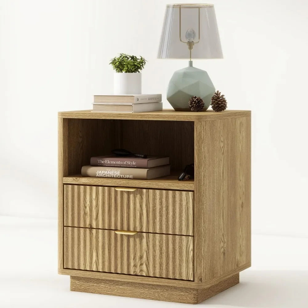 Fluted Nightstands Set of 2 Modern Wooden Bedside Tables Storage Drawers