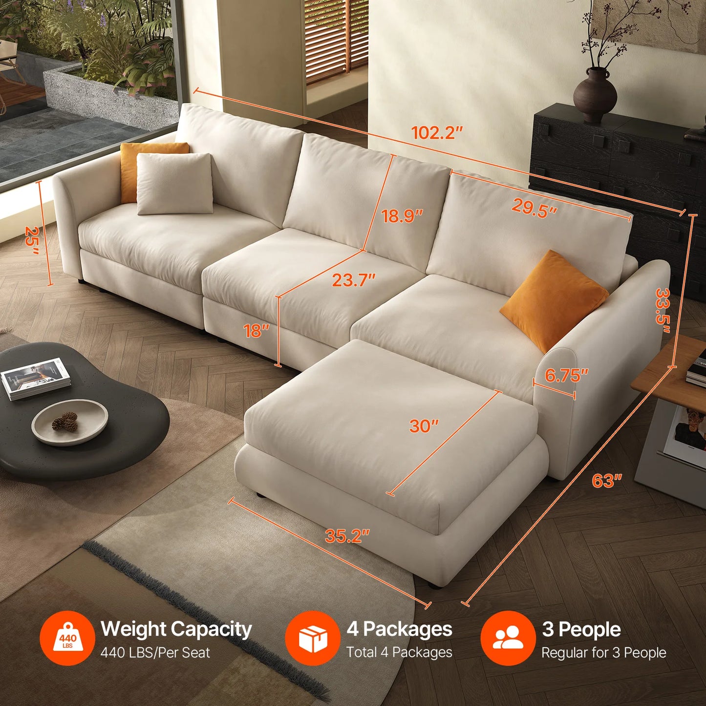 Ljustra Comfy Cloud Couch 108.2" Modern Sectional Sofa with Ottoman