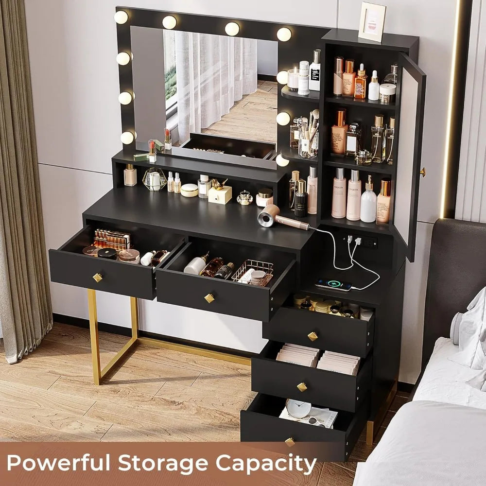 Ljustra Large Makeup Vanity with Lights Charging Station and Storage