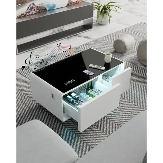 Smart Coffee Table with Built-in Fridge Speakers Wireless Charging USB Ports