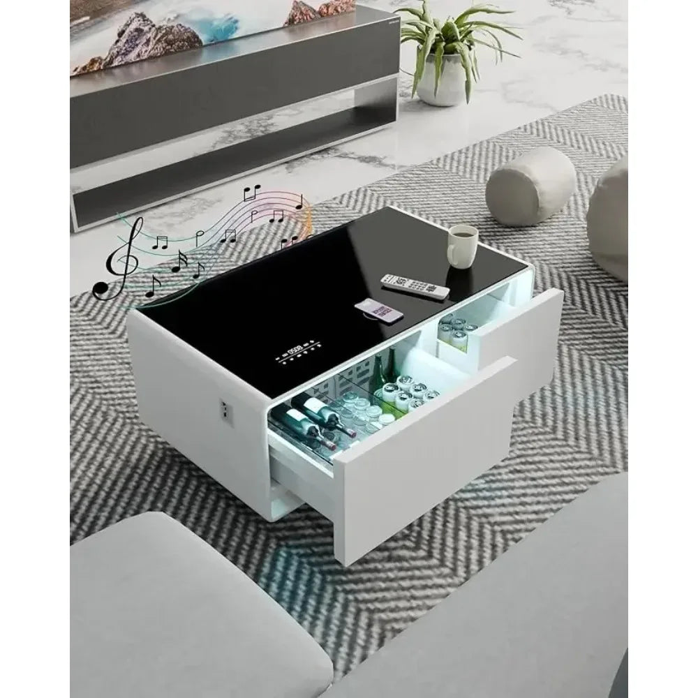 Smart Coffee Table with Built-in Fridge Speakers Wireless Charging USB Ports