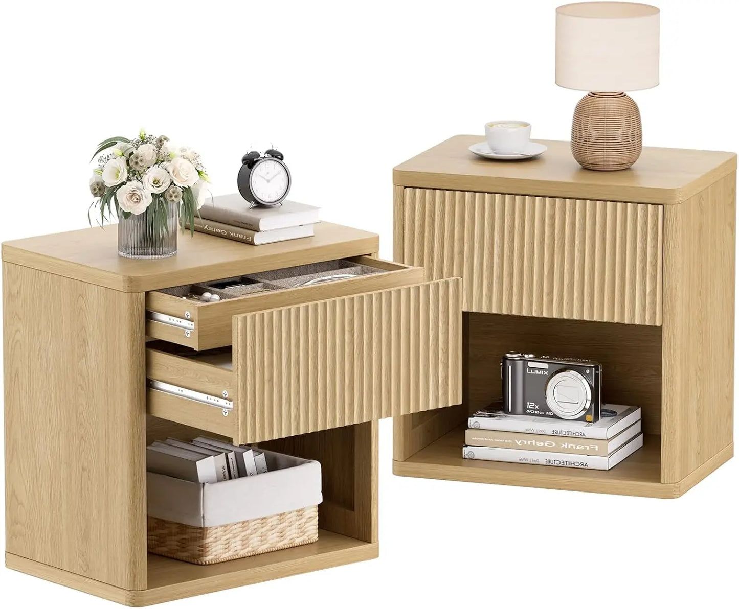 22.8" W Black Nightstand with Hidden Drawers Mid Century Modern Design