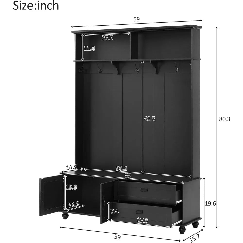 Rustic Hallway Tree with Cabinet and Shelves for Entryway Organization