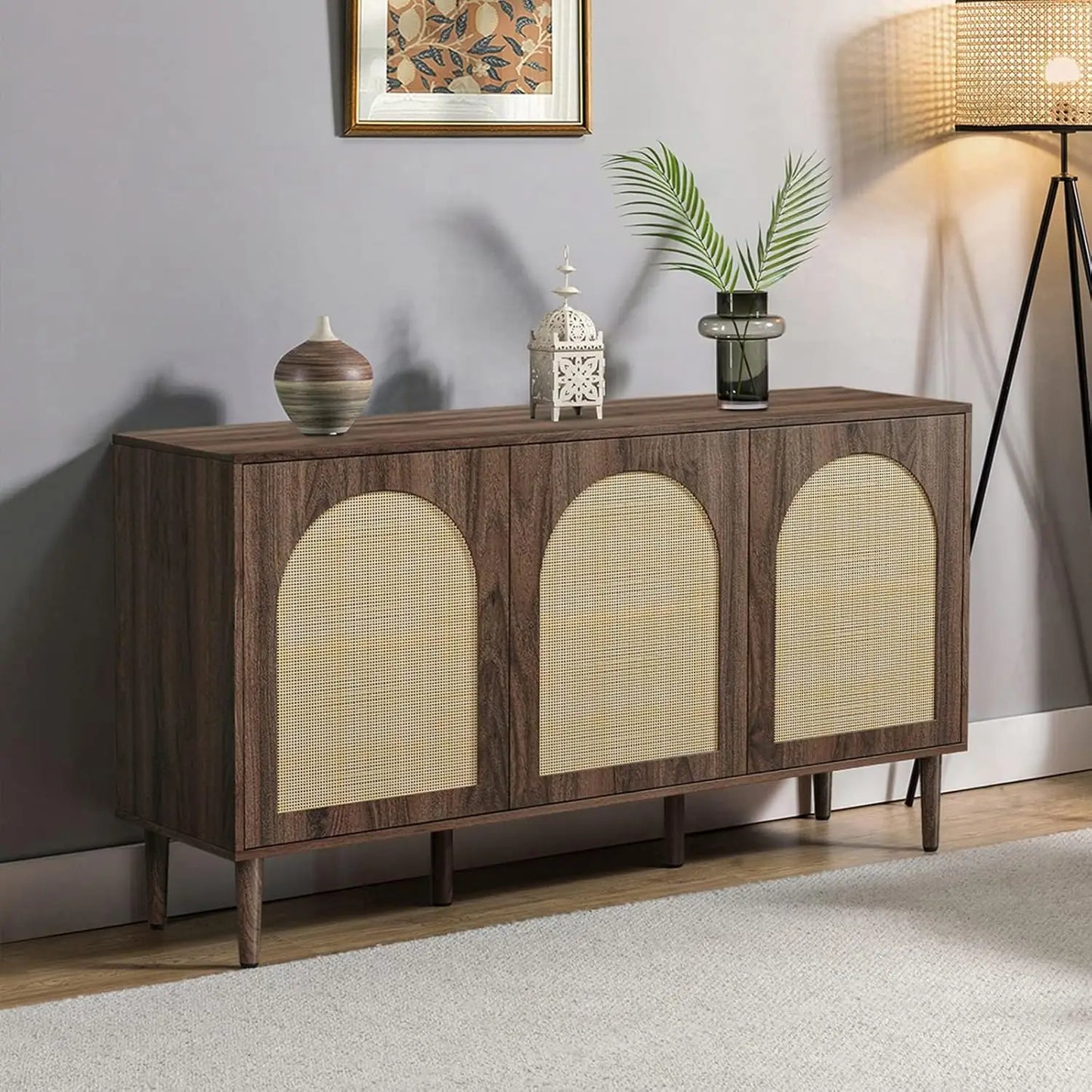 Sideboard Buffet Cabinet with Rattan Doors and Metal Legs for Storage