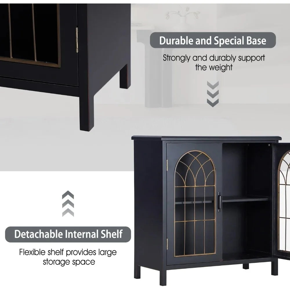Accent Storage Cabinet Distressed Buffet Sideboard Metal Window Doors