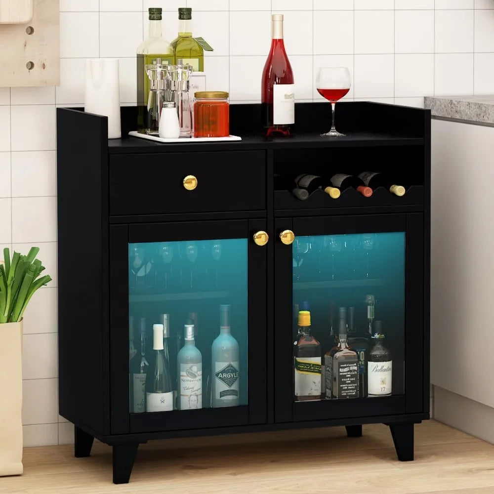 Small Black Bar Cabinet Modern Liquor Storage with LED Light Farmhouse Style