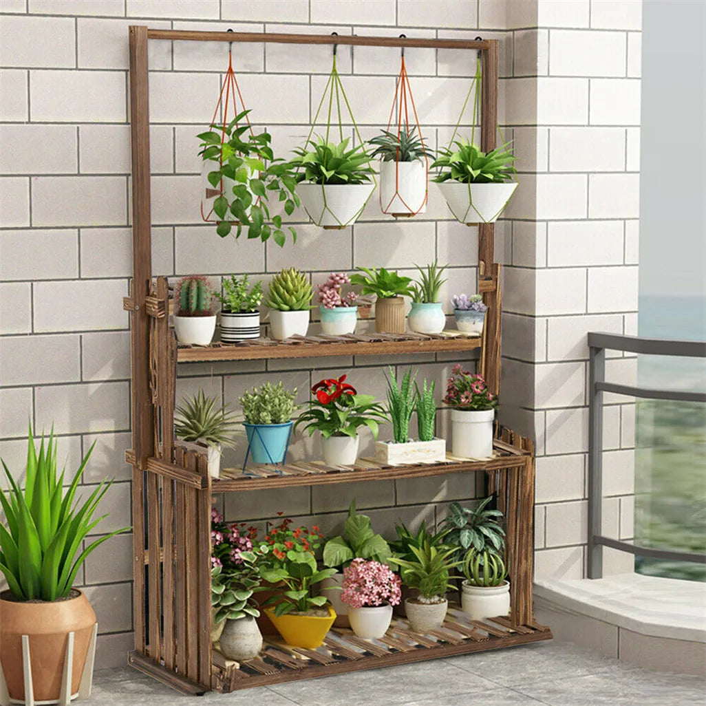 Heavy Duty Wood Plant Stand Indoor Outdoor 3 Tier Hanging Rack